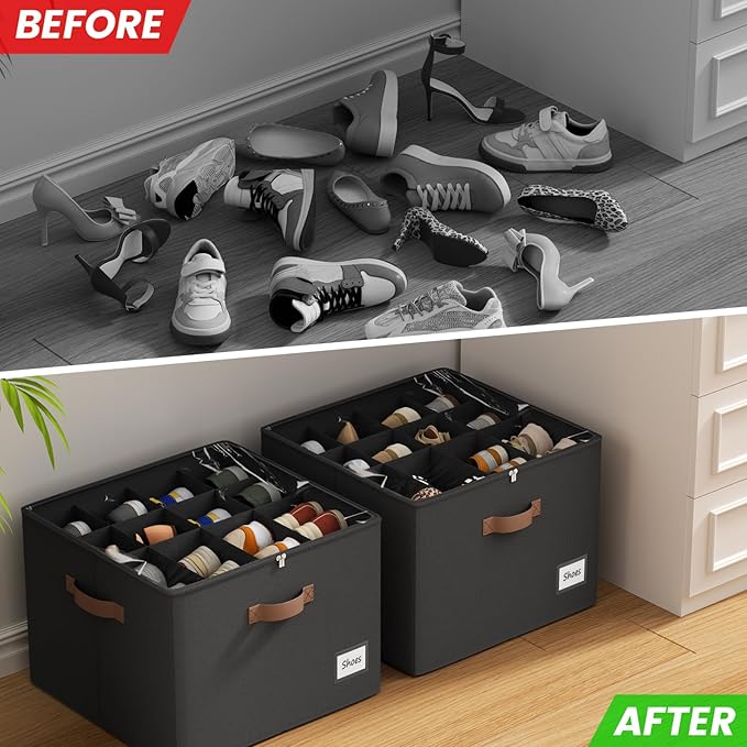 PHINOX Shoe Organizer for Closet, 2 Pack Fabric Shoe Organizer Storage Box, Shoe Storage Containers with Clear Cover, Closet Shoe Storage for Boots Sandals Slippers,Fits 16-32 Pairs, Black
