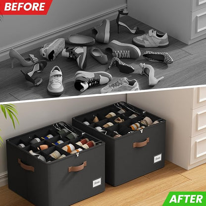PHINOX Shoe Organizer for Closet, 2 Pack Fabric Shoe Organizer Storage Box, Shoe Storage Containers with Clear Cover, Closet Shoe Storage for Boots Sandals Slippers,Fits 16-32 Pairs, Black