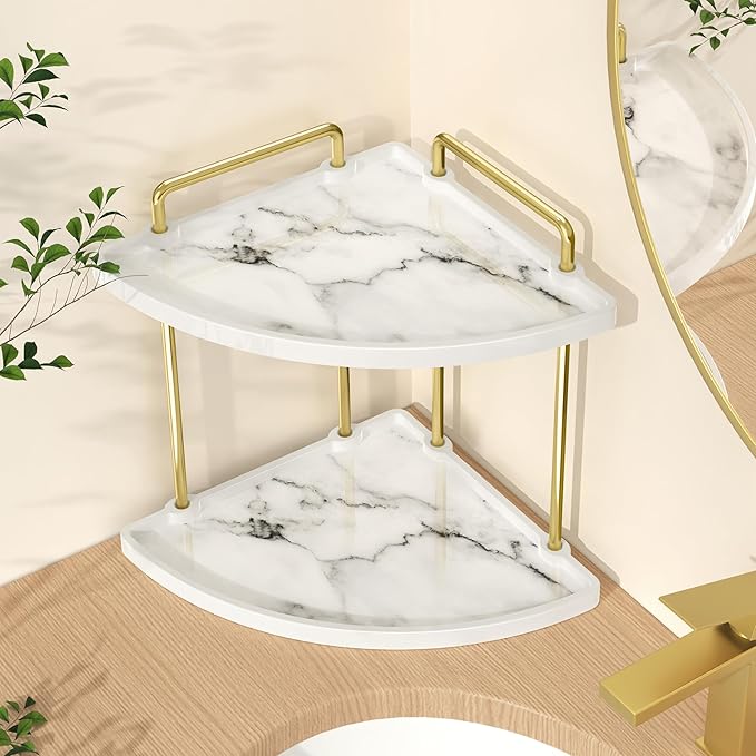 KES Marble Pattern Bathroom Corner Countertop Organizer, 2-Tier Ceramic Corner Counter Shelf, Vanity Skincare Perfume Organizer and Makeup Storage Tray Shelf, Polished Gold, BSC901B-PG