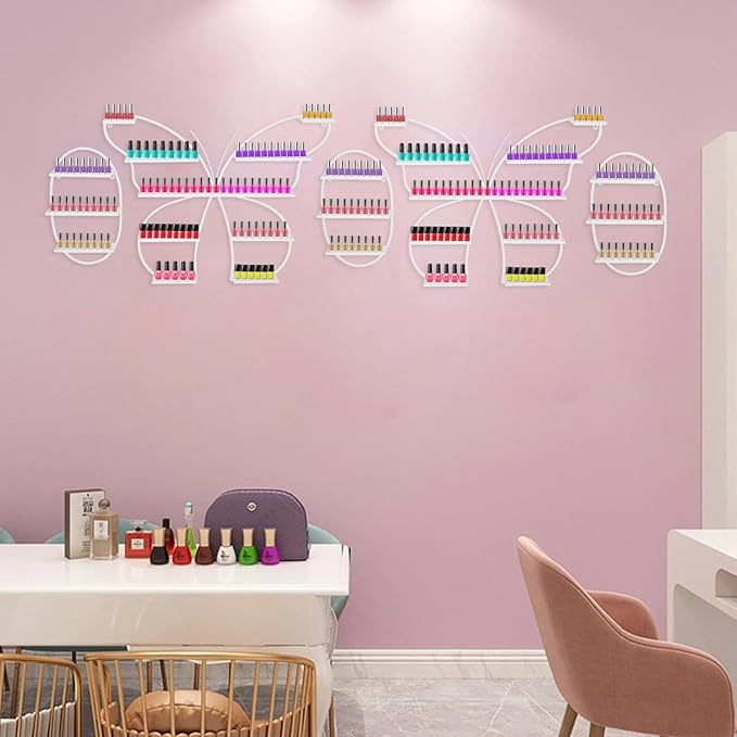 Butterfly Wall-Mounted Nail Polish Rack Set of 5-11LBs/Rack Capacity, Adjustable Cosmetic Display for Salon & Home Spa (White)