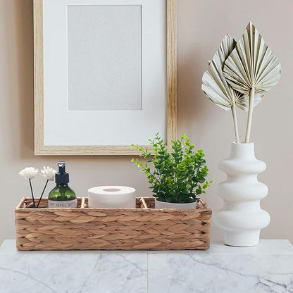 Water Hyacinth Toilet Tank Basket for Toilet Paper Rolls Wicker Baskets for Shelves Tampon Storage for Bathroom 3 Dividers (Large Compartment 16.5inch x 5.5inch x 3.5inch)