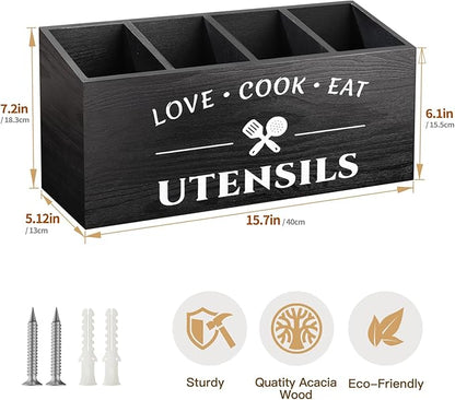 MINCORD Rustic Wooden Utensil Holder for Countertop - 4 Compartment Farmhouse Heavy-Duty Flatware Caddy & Silverware Organizer - Large Kitchen Decor for Spoons, Forks, Parties, Coffee Bar & RV
