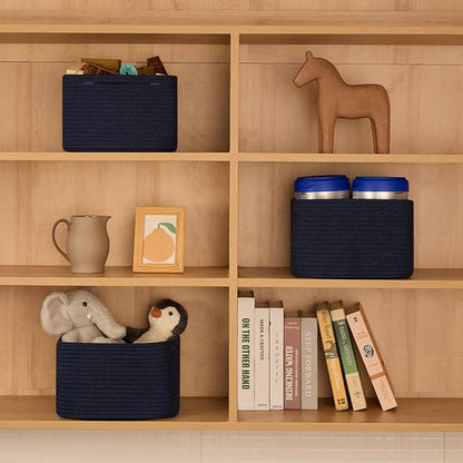 MiniArk Small Organizing Baskets for Cubes Shelf, 9.7x9.7x7.1 Inch Rope Woven Storage Bins for Nursery Shelves Storage, Cute Toy Basket, Square 3 Packs Navy Blue