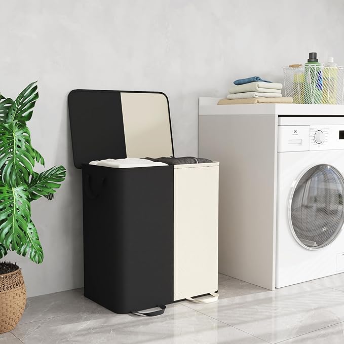 Lifewit Double Laundry Hamper with Lid and Removable Laundry Bags, Large Collapsible 2 Dividers Dirty Clothes Basket with Handles for Bedroom Laundry Room Closet Bathroom College, 155L White&Black