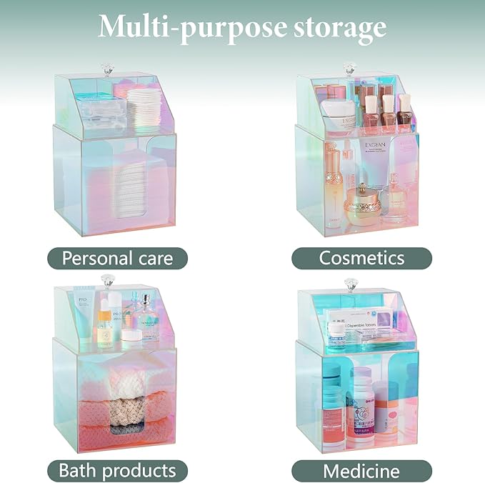 Disposable Facial Towels Storage Compatible with Clean Skin Club Clean Towel XL Double Layer Acrylic Box Cotton Pads Container Qtip Bin Face Towelettes Holder for Bathroom Counter, Glossy Rainbow