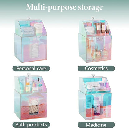 Disposable Facial Towels Storage Compatible with Clean Skin Club Clean Towel XL Double Layer Acrylic Box Cotton Pads Container Qtip Bin Face Towelettes Holder for Bathroom Counter, Glossy Rainbow