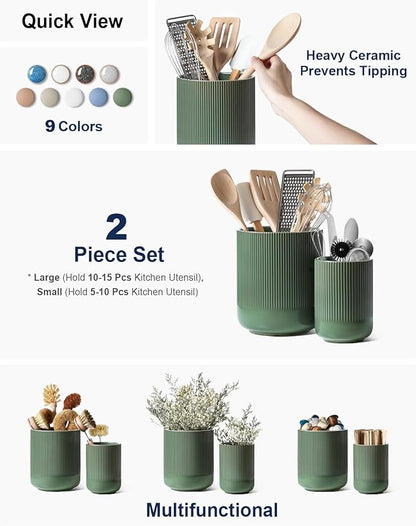 LE TAUCI Utensil Holder for Kitchen Counter, 7.3"+5.4" Fluted Ceramic Utensil Crock Organizer for Countertop, Heavy Large Holder for Spatulas, Spoons, Set of 2, Forest Green