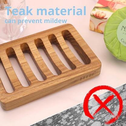 Slotted Soap Dish 2 Pack Teak Wood by HTB, Kitchen Wooden Sponge Holder, Self Draining Soap Dish for Shower, Sink, Bathroom, Bathtub, RV