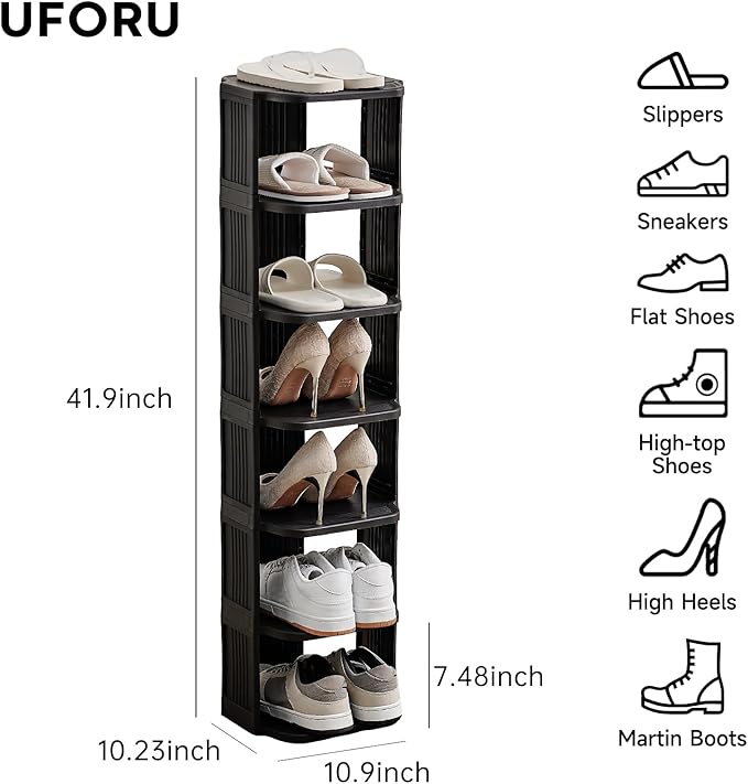 UFORU Small Shoe Rack, 7 Tier Plastic Vertical Shoe Rack for Small and Narrow Spaces, Free Standing Shoe Organizer for Closet, Entryway (Black)