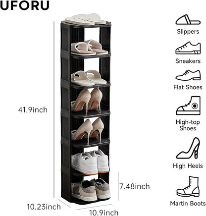 UFORU Small Shoe Rack, 7 Tier Plastic Vertical Shoe Rack for Small and Narrow Spaces, Free Standing Shoe Organizer for Closet, Entryway (Black)