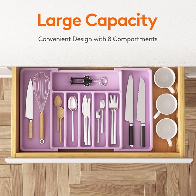 Lifewit Silverware Drawer Organizer, Expandable Utensil Tray for Kitchen, BPA Free Flatware and Cutlery Holder, Adjustable Plastic Storage for Spoons Forks Knives, 13-22 x 15", Purple