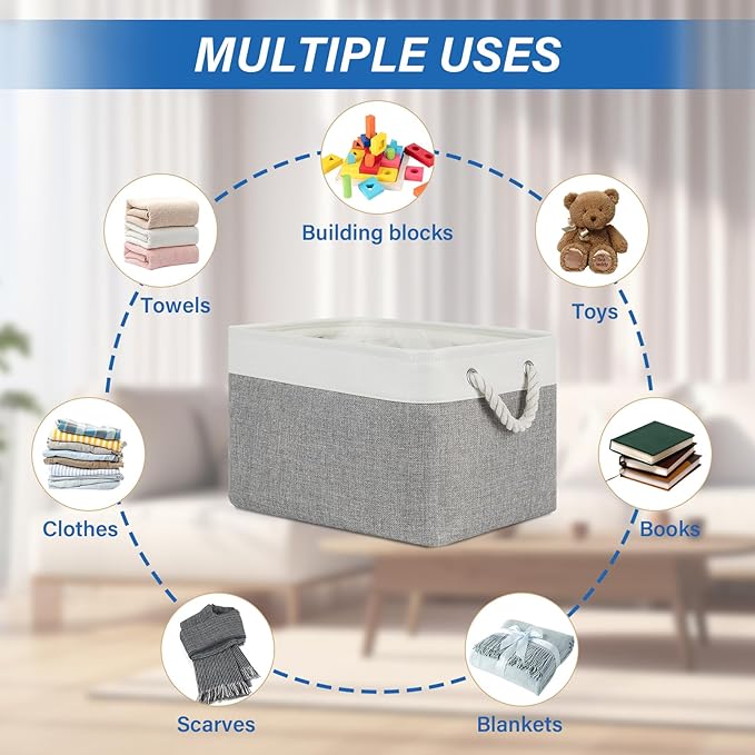 Temary Storage Baskets 4Pack Fabric Storage Bins Clothes Baskets with Rope Handle, Decorative Basket for Gift, Blankets (White&Gray,15x11x9.5 inch)