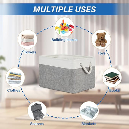 Temary Storage Baskets 4Pack Fabric Storage Bins Clothes Baskets with Rope Handle, Decorative Basket for Gift, Blankets (White&Gray,15x11x9.5 inch)
