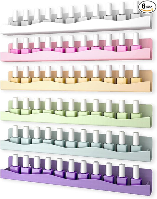 6 Colors Nail Polish Wall Mounted Shelf,15 Inch Nail Polish Floating Shelves for 66-90 Bottles Multi-Purpose,Ideal Gift, Great Display for Salons Retailers,6 pack