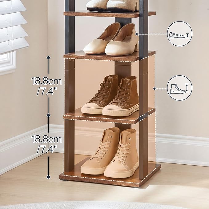 HOOBRO 10 Tiers Vertical Shoe Rack, Wooden Shoe Storage Organizer with Hooks, Narrow Shoe Tower for 10 Pairs, Space Saving, for Entryway, Living Room, Bedroom, Rustic Brown BF141XJ01