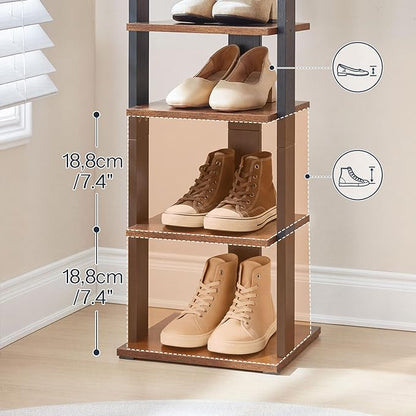 HOOBRO 10 Tiers Vertical Shoe Rack, Wooden Shoe Storage Organizer with Hooks, Narrow Shoe Tower for 10 Pairs, Space Saving, for Entryway, Living Room, Bedroom, Rustic Brown BF141XJ01