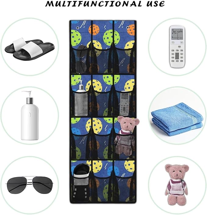 Over The Door Storage Bag with 12-Pockets, Oxford Material Waterproof Lightweight and Perfect for Organizing Bathroom Bedroom or Kitchen Essentials, Pickleball Pattern