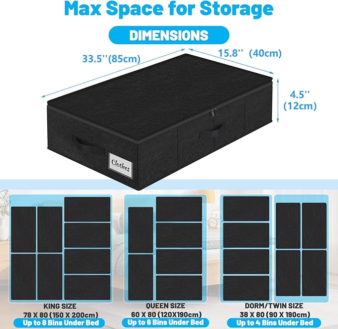 Under Bed Storage Container Bins 2 Pack, 4.5 Inch Slim Low Profile Underbed Clothes Storage Organizer for Dorm & Home, Use for Blanket and Toy Storage Box W/ Sturdy Bottom/Sides, Foldable Thick Fabric