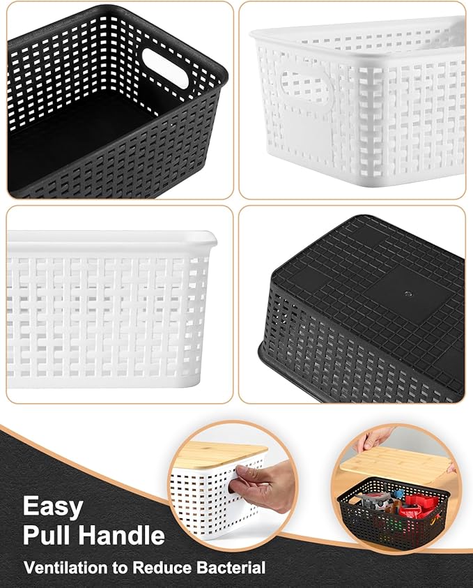EOENVIVS Storage Bins with Bamboo Lids, 6 Pack Plastic Storage Baskets and Storage Containers, Storage Baskets for Organizing Shelves Drawers Desktop Closet Playroom Classroom Office Home, Black