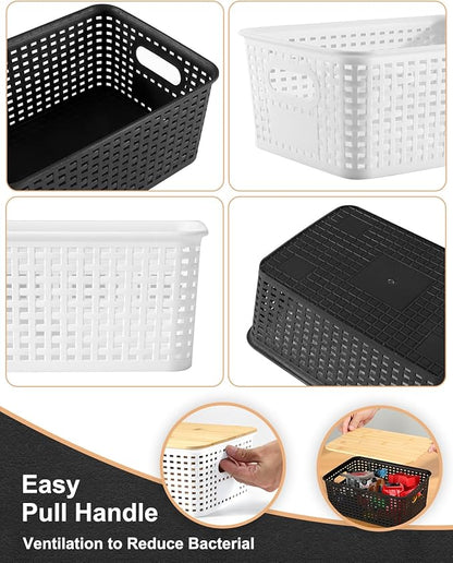 EOENVIVS Storage Bins with Bamboo Lids, 6 Pack Plastic Storage Baskets and Storage Containers, Storage Baskets for Organizing Shelves Drawers Desktop Closet Playroom Classroom Office Home, Black