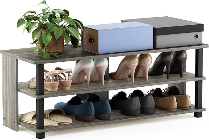 Furinno Turn-N-Tube Shoe Rack, 3-Tier Shoe Organizer, Compact Shoe Storage with Open Shelves, 15.5 x 41.1 x 15.8, Easy Assembly, for Closet Entryway, Office, Garage, French Oak/Black