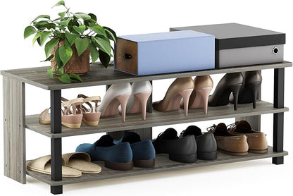 Furinno Turn-N-Tube Shoe Rack, 3-Tier Shoe Organizer, Compact Shoe Storage with Open Shelves, 15.5 x 41.1 x 15.8, Easy Assembly, for Closet Entryway, Office, Garage, French Oak/Black