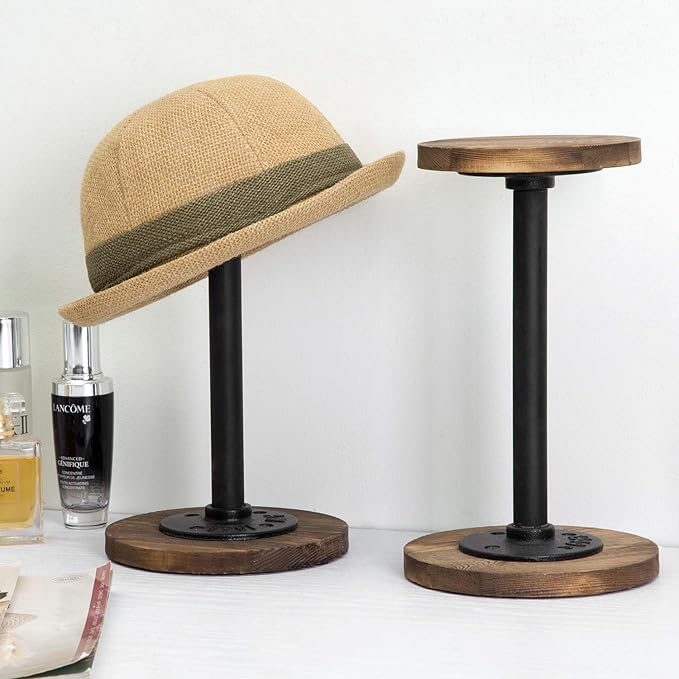 MyGift 2 Pcs Cowboy Hat Holder Rack, Hat Organizer Stand for Baseball Caps, Helmet, Tabletop Wig or Jewelry Display Riser, Rustic Burnt Wood with Industrial Metal Pipe
