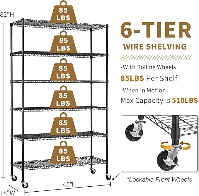 Storage Shelves with Wheels 6 Tier Wire Shelving Adjustable Metal Shelving Unit Heavy Duty NSF Shelf Capacity 2100lbs for Garage Racks, Kitchen, Closet, Commercial (45"x18"x82", Black)