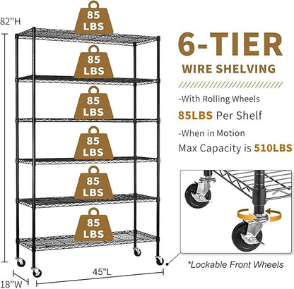 Storage Shelves with Wheels 6 Tier Wire Shelving Adjustable Metal Shelving Unit Heavy Duty NSF Shelf Capacity 2100lbs for Garage Racks, Kitchen, Closet, Commercial (45"x18"x82", Black)
