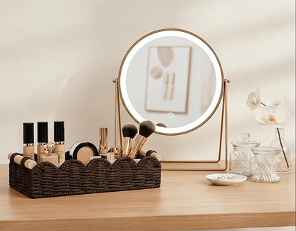 CubesLand Toilet Paper Storage Basket Organizer, Small Wicker Toilet Tank Top Decorative Baskets for Countertop, Handwoven Scalloped Basket w/handle for Home Decor, Living Room, Bedroom, Brown