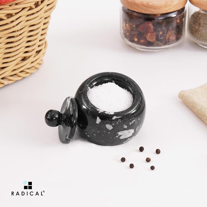 Radicaln Marble Salt Cellar with Lid 3" Inch Black Table Salt Container & Sugar Bowl For Kitchen Countertop, Ideal Salt Dish & Salt Jar for Celtic Salts
