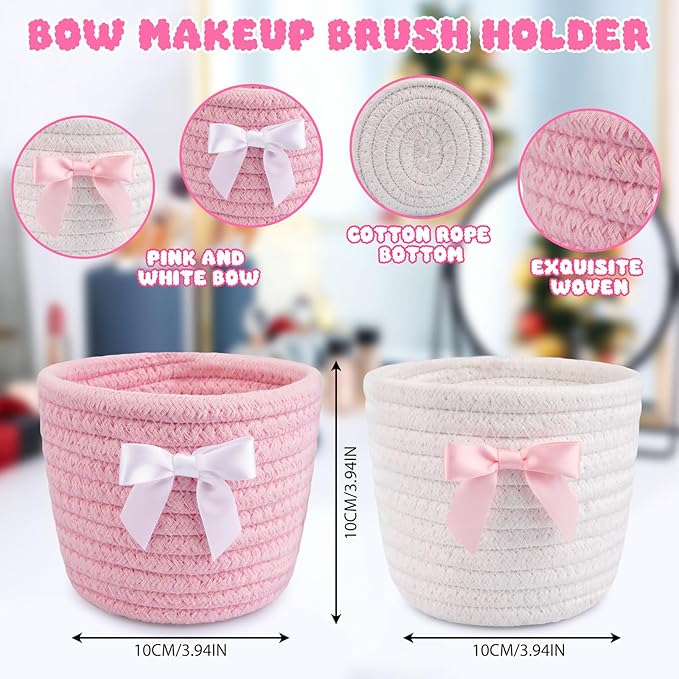 2 Pack Bow Makeup Brush Holder- Mini Woven Cotton Rope Small Oval Basket with Bow Decor, Comb Brushes Storage Decorative Basket for Pencil Cosmetics Organizer Gift for Women,4 x 4 IN