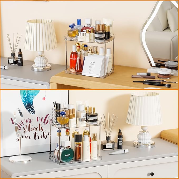 Yieach Clear Acrylic Bathroom Counter Organizers and Storage Tray, 2 Tier Makeup,Perfume,Skincare Organizer Shelf & Vanity Storage for Bedroom and Counter Top Spice Racks for Kitchen Corner,Rectangle