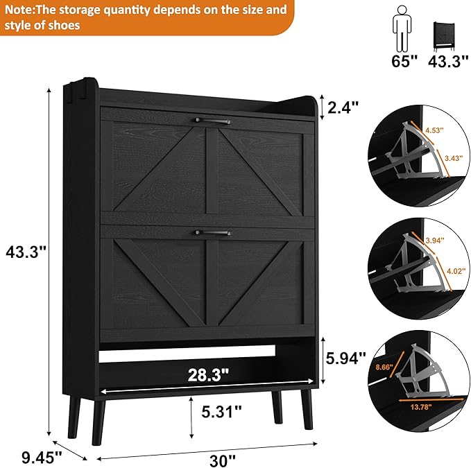 HOMEFORT Shoe Storage Cabinet for Entryway, 30" Freestanding Organizer with Two Flip Drawers, Narrow Hidden Shoe Rack with Wood Legs, Farmhouse Shoe Cabinet for Front Door Entrance,Black