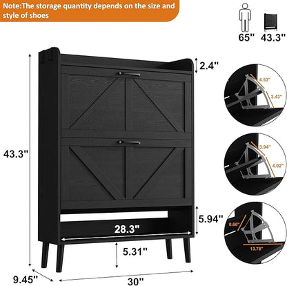 HOMEFORT Shoe Storage Cabinet for Entryway, 30" Freestanding Organizer with Two Flip Drawers, Narrow Hidden Shoe Rack with Wood Legs, Farmhouse Shoe Cabinet for Front Door Entrance,Black