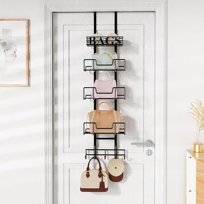 HapiRm Over Door Purse Organizer - Adjustable Purse Storage Rack with Bags Design Metal Basket, Wall Mounted Handbag Organizer, Hanging Handbag Holder, Can Use As 1/2 Part Detachable