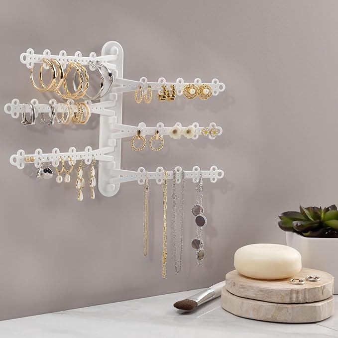 All Hung Up 6-Tier 6" Wall Jewelry Organizer, Command Strips included for Easy Hanging, 120 Hole Earring Organizer, Necklace Organizer, Bracelet Holder, Ring Holder, Rotating Branches (White 6-TIer)
