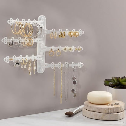 All Hung Up 6-Tier 6" Wall Jewelry Organizer, Command Strips included for Easy Hanging, 120 Hole Earring Organizer, Necklace Organizer, Bracelet Holder, Ring Holder, Rotating Branches (White 6-TIer)