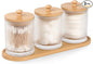 eggs sound 3 Pack Qtip Holder - Bathroom Organizers and Storage, Cotton Round Holder Floss Pick Cotton Ball Holder Swab Dispenser Set with Tray, Glass Apothecary Jars with Lids, -sw clear y