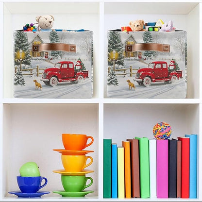 Christmas Tree Red Truck Foldable Fabric Storage Bin Cube with Handles for Shelf Closet, Nursery Bedroom