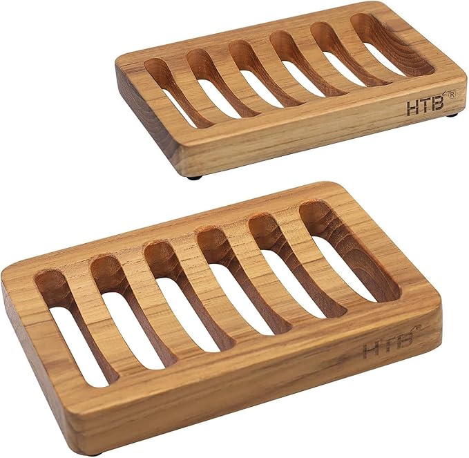 Slotted Soap Dish 2 Pack Teak Wood by HTB, Kitchen Wooden Sponge Holder, Self Draining Soap Dish for Shower, Sink, Bathroom, Bathtub, RV