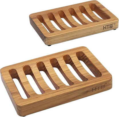 Slotted Soap Dish 2 Pack Teak Wood by HTB, Kitchen Wooden Sponge Holder, Self Draining Soap Dish for Shower, Sink, Bathroom, Bathtub, RV