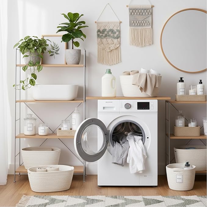 Sawysine 6 Pcs Storage Baskets Bulk for Organizing Cotton Rope Woven Basket with Handles for Gift Cloth Shelves Blanket Toys Living Room(White)
