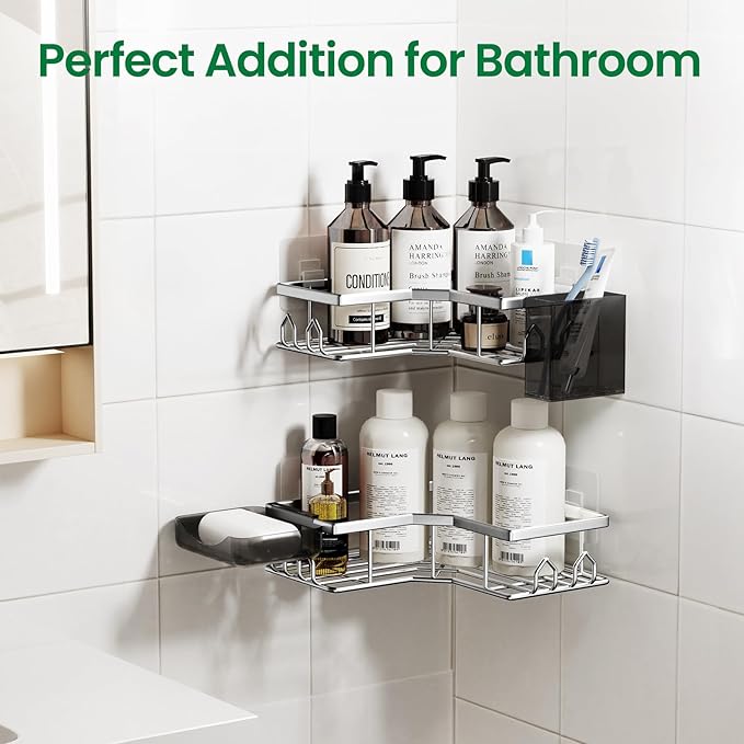 Adhesive Shower Caddy, 6 Pack Corner Bath Organizer, Rustproof Stainless Steel Shower Shelves with Large Capacity, No Drilling Shelves for Bathroom Storage, Home, Kitchen Decor (Silver).