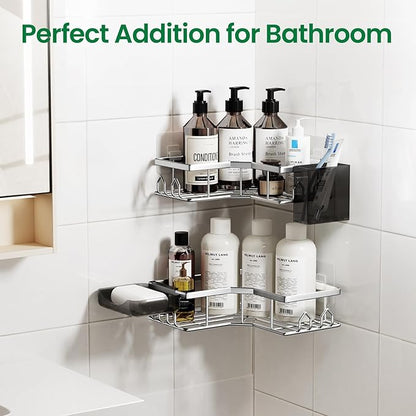 Adhesive Shower Caddy, 6 Pack Corner Bath Organizer, Rustproof Stainless Steel Shower Shelves with Large Capacity, No Drilling Shelves for Bathroom Storage, Home, Kitchen Decor (Silver).