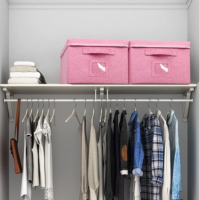 Graciadeco 22.8qt Closet Storage Boxes with Lids Pink Folding Keepsake Storage Bins Stackable Flat Lidded Carboard Storage Contaner for Clothes Barbie Shoes, 2 Pack