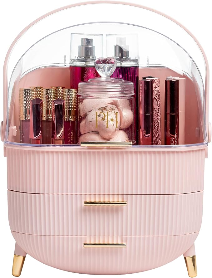 Paris Hilton Makeup Storage Organizer with Lid, Cosmetics and Skincare Organizer for Vanity, Portable Makeup Storage Box for Countertop, Fluted Design with Gold Accents, Pink