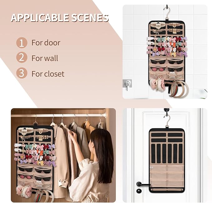 Ethereal Hanging Claw Clip Organizer for Women/Girls, Hair Bows Holder with Hanger Metal Hooks, Hair Accessories Organizer for Sunglasses, Hair Clip, Scrunchies (Only Bag)