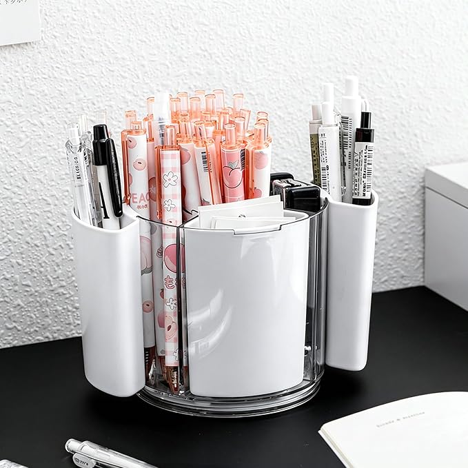 Rotating Makeup Organizer Countertop, Detachable Desk Organizer, 5 Slots Unique Make up Brushes Cup for Cosmetics, Art Supply, Multi Compartment Pen Holder, White, 1 Piece