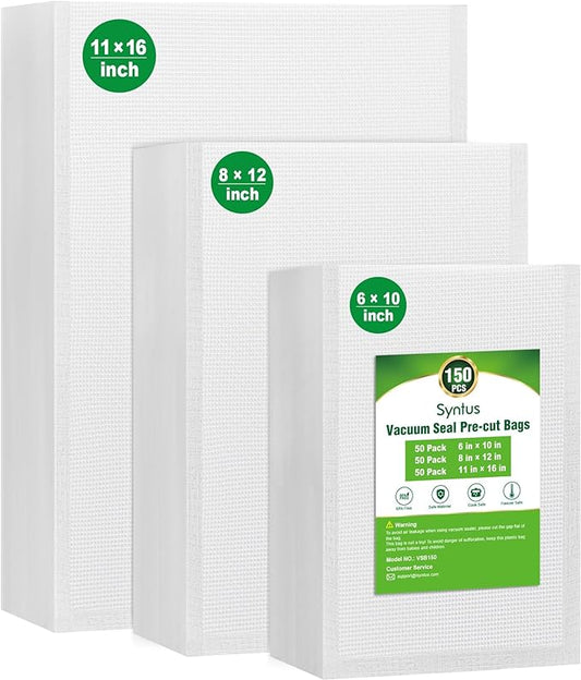 Syntus Vacuum Sealer Bags, 150 Gallon 11" x 16" and Quart 8" x 12" and Pint 6" x 10" Commercial Grade PreCut Bag, BPA Free Food Vac Bags for Storage, Meal Prep or Sous Vide